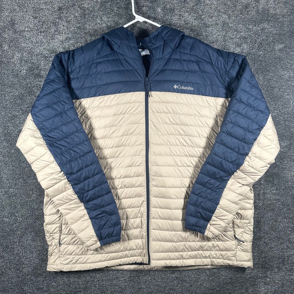 Columbia Jacket Mens 4XT Powder Lite Navy Blue Tan Hooded Puffer Gorpcore Coat